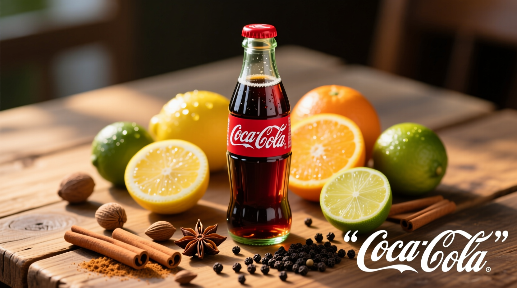 Coca-Cola bottle surrounded by citrus fruits and spice ingredients