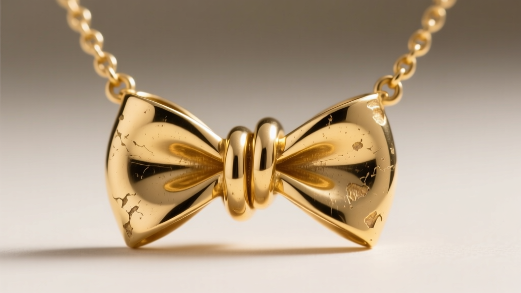 Close-up of a gold vermeil bow necklace knot, revealing brass base metal showing through worn plating at the high friction point.