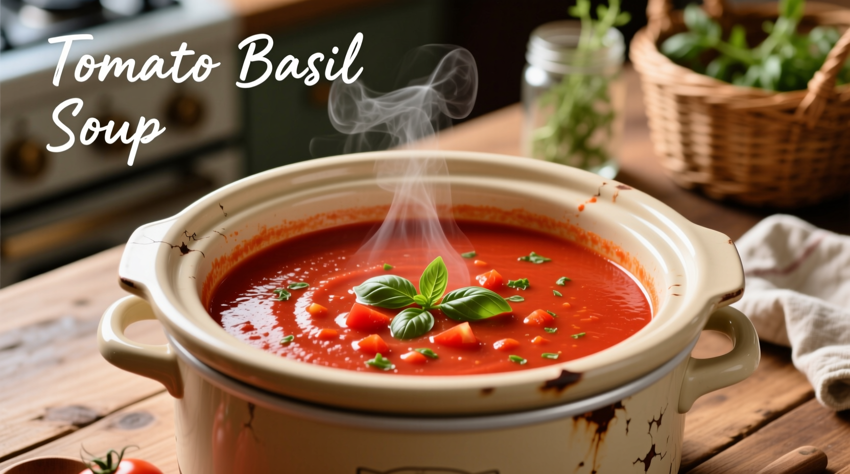 Slow cooker filled with vibrant red tomato basil soup