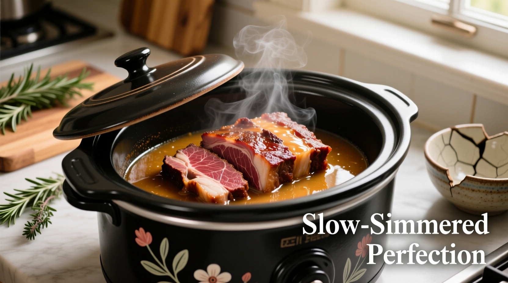 Slow cooker with brisket showing tender meat texture