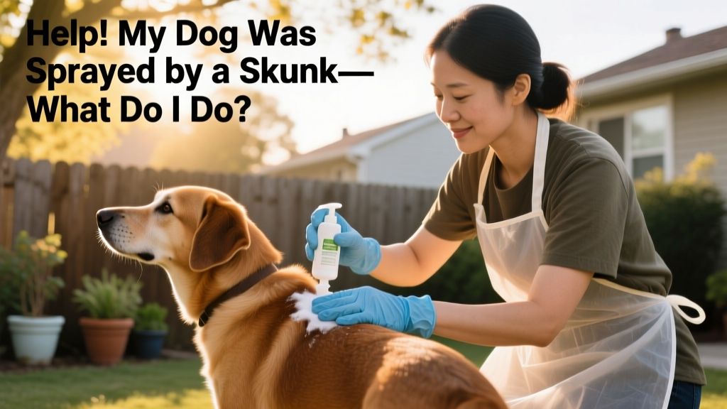 Dog owner calmly applying de-skunking solution to their dog's back outdoors, wearing gloves and protective clothing