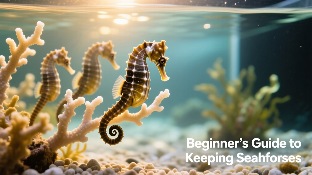 A group of seahorses clinging to soft coral branches in a well-maintained saltwater aquarium