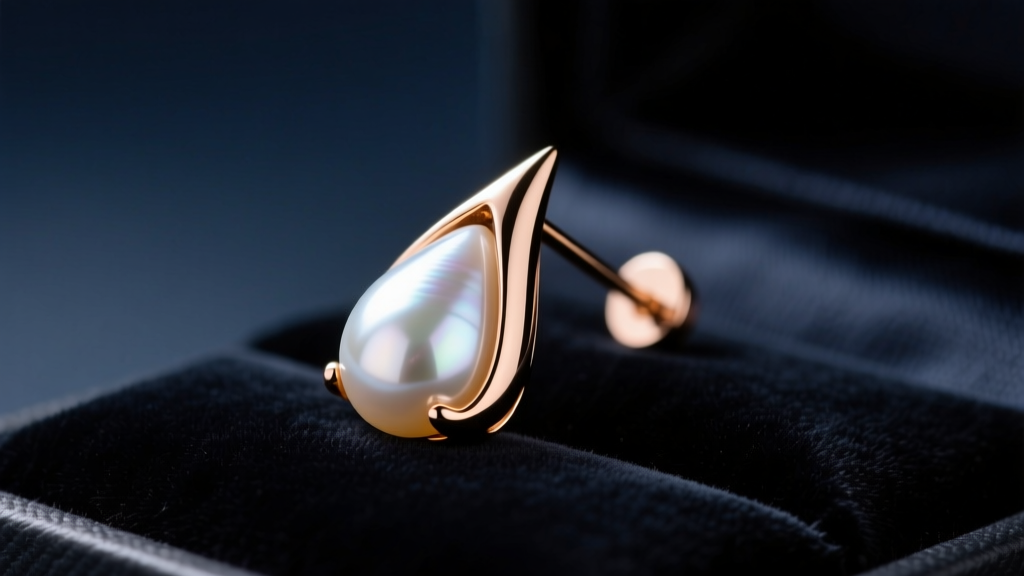 Close-up of a rose gold V-tip claw holding a teardrop pearl earring, resting on dark velvet for a luxury gift presentation.