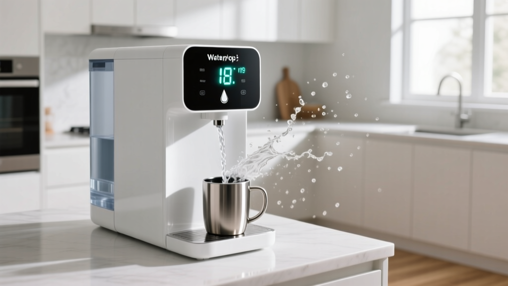 White Waterdrop K19 countertop reverse osmosis water dispenser showing digital temperature display and dispensing hot water into a travel mug