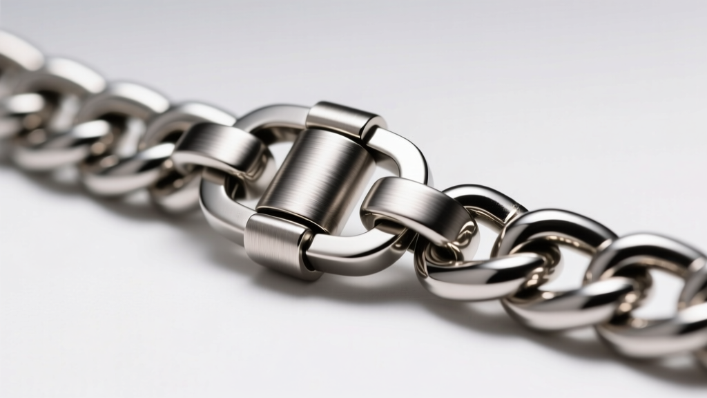 Macro shot of a brushed titanium necklace carabiner clasp on a thick stainless steel Cuban chain under bright studio lighting