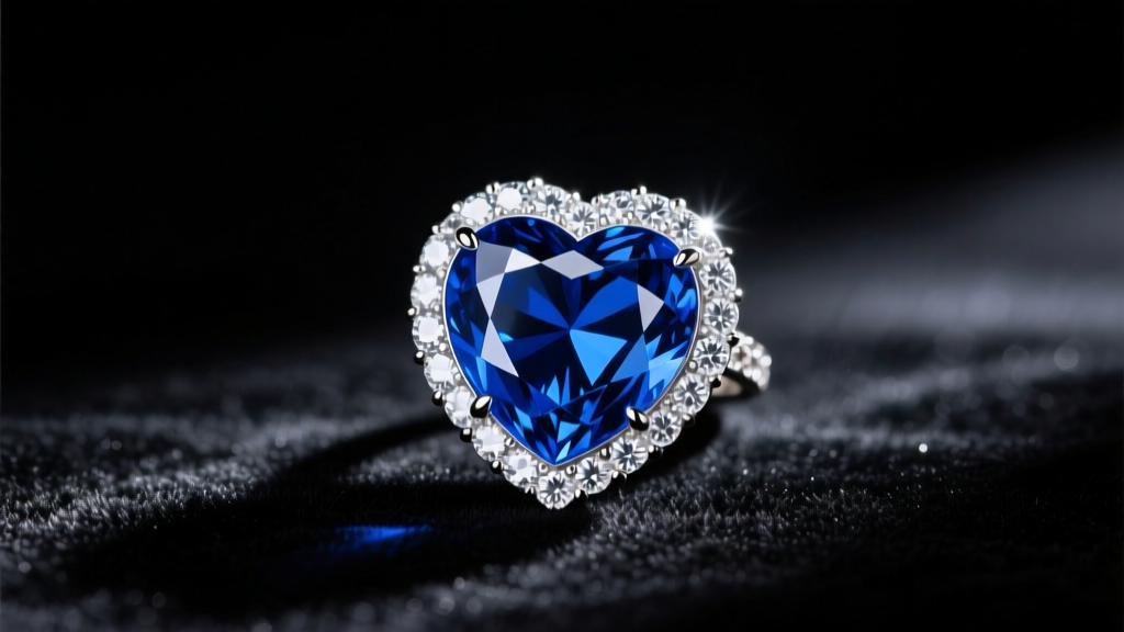 Deep blue lab-created sapphire heart pendant with a cubic zirconia halo resting on dark velvet, lit dramatically from above.