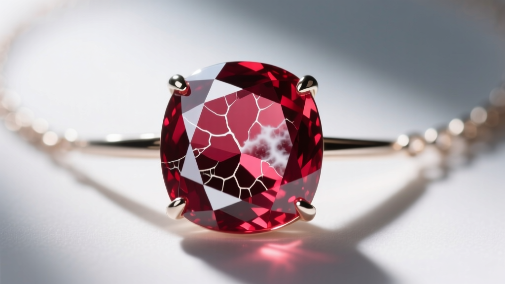 Glass-filled ruby from a choker necklace viewed under a loupe, revealing surface-reaching fissures and cloudy internal inclusions.