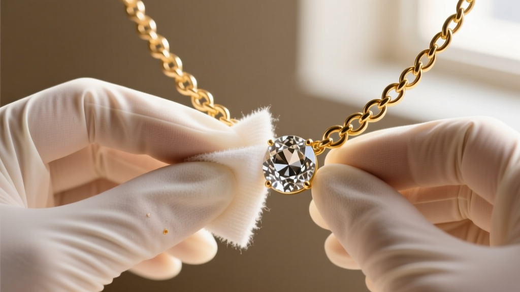 Gloved hands gently wiping a cloudy rhinestone on a gold-plated Juicy Couture necklace using a dry, lint-free microfiber swab.