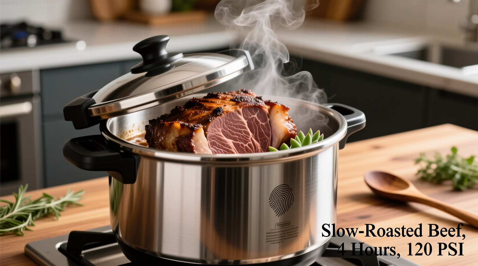 Beef roast cooking in stainless steel pressure cooker