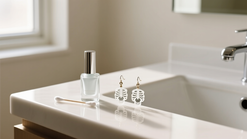 Small bottle of clear nail polish and a cotton swab next to a pair of plastic skeleton drop earrings on a bathroom counter.