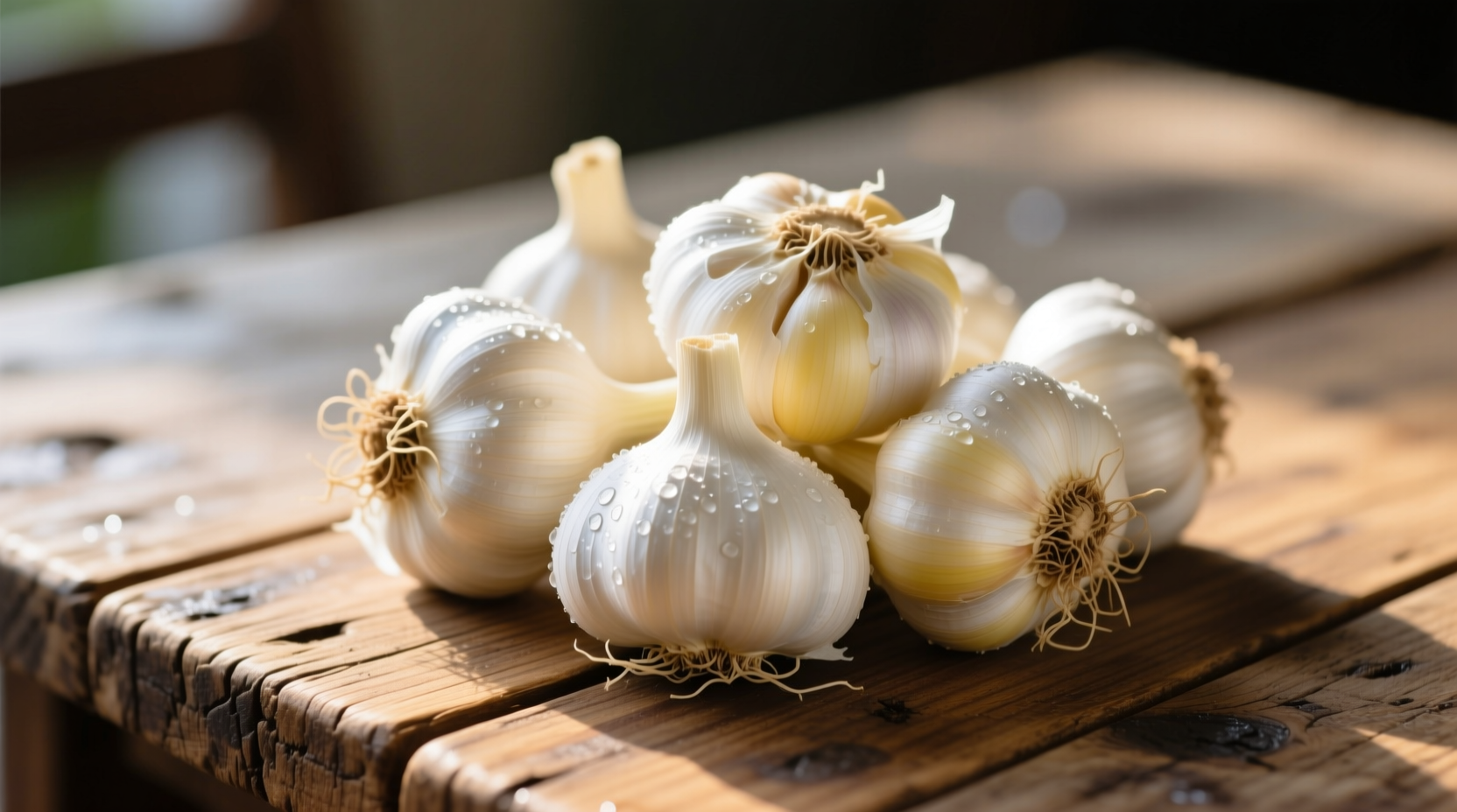 Fresh garlic bulbs with papery skin on wooden table