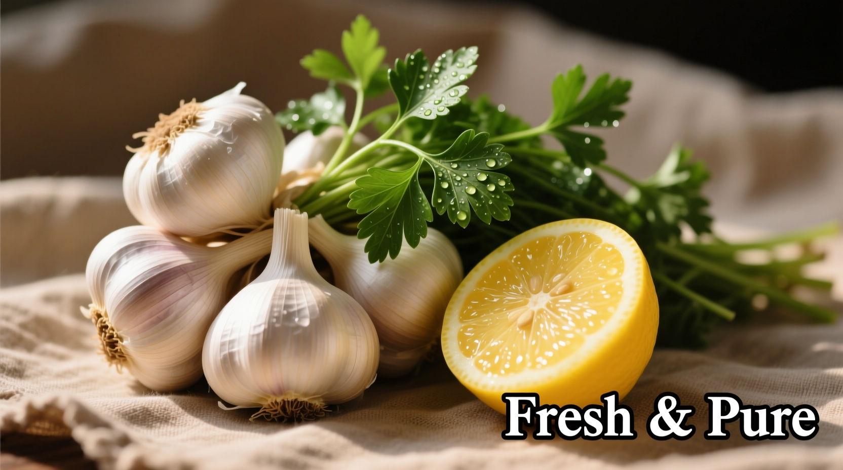 Garlic cloves with fresh parsley and lemon