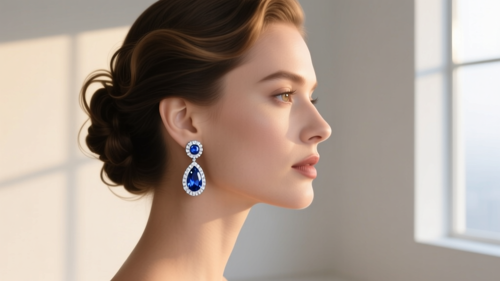 Side profile of a woman wearing platinum sapphire teardrop earrings with a diamond halo, styled with an elegant evening updo