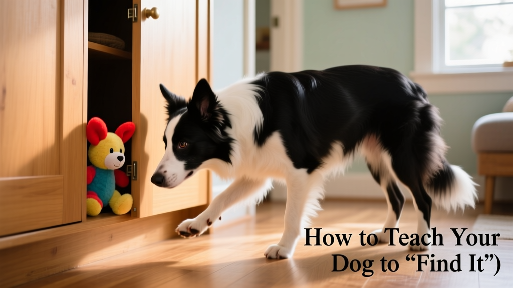 A border collie intently sniffing near a closed closet door where a toy is hidden just inside