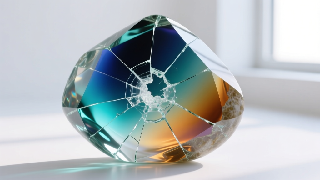 Macro photography of a cracked glass mood stone showing the layered thermochromic liquid crystal fluid inside the quartz shell.
