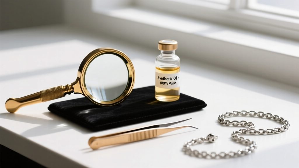 Jeweler desk with a 10x loupe, brass tweezers, a glass vial of synthetic oil, and a partially untangled delicate platinum chain