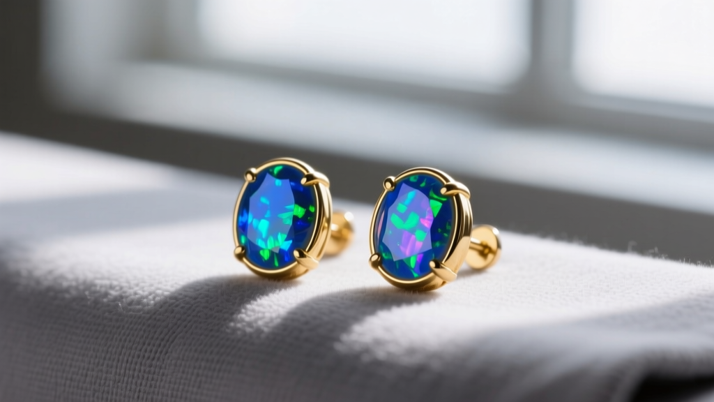 Macro shot of 14k gold bezel-set blue opal stud earrings on a grey microfiber cloth, showing vibrant blue and green play-of-color.