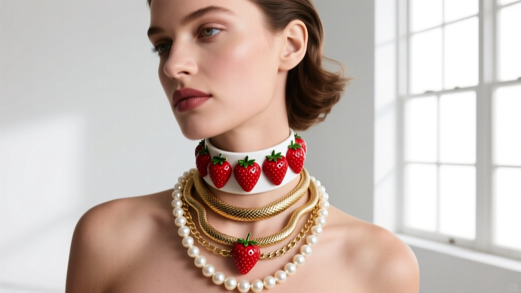 Model wearing a layered necklace stack featuring a 16-inch Betsey Johnson strawberry choker, a gold snake chain, and seed pearls.