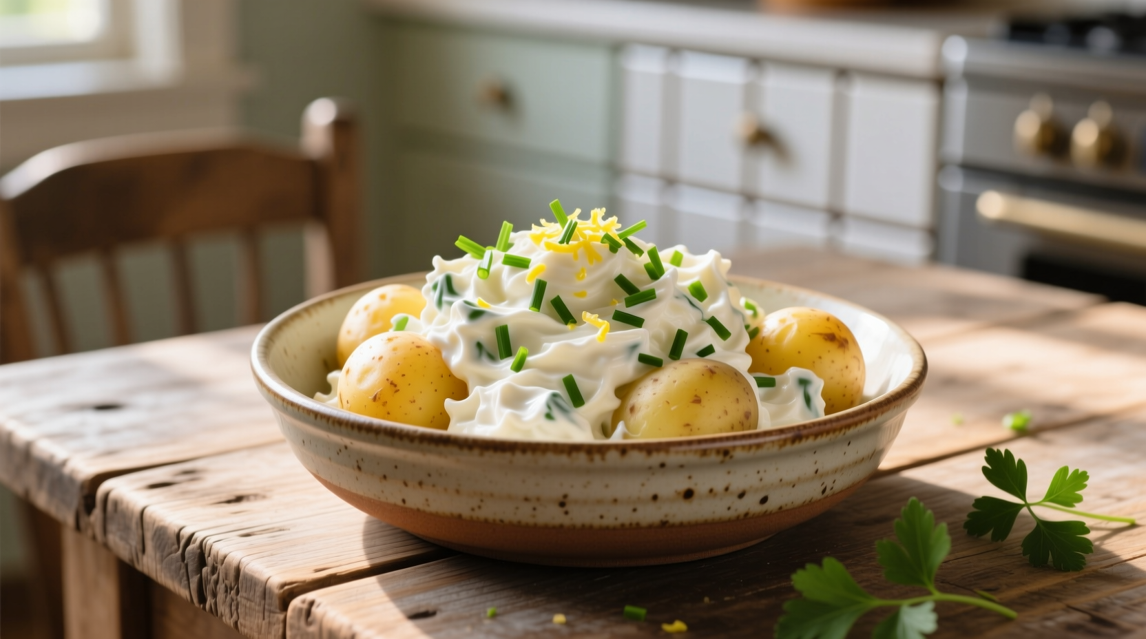 Creamy whipped potato salad in serving bowl