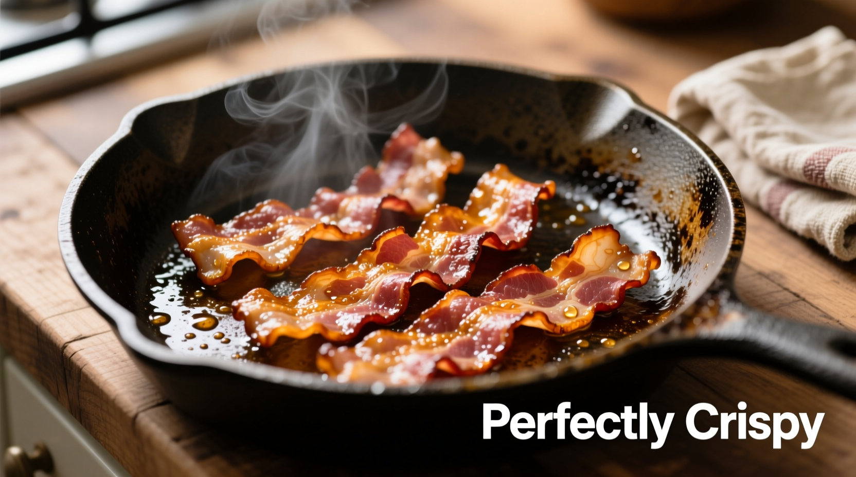 Perfectly cooked crispy bacon strips in frying pan