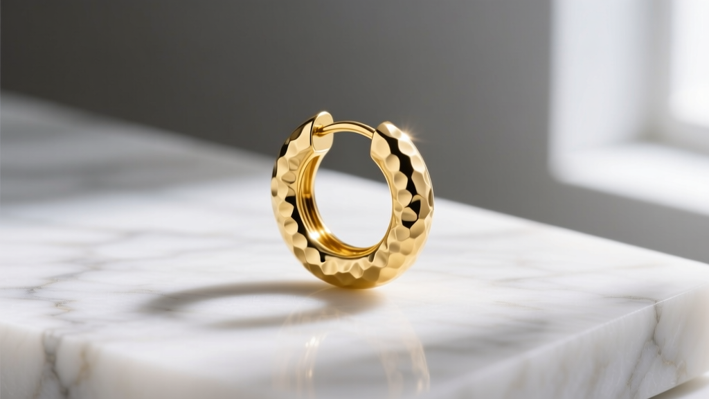 Close-up of a 14-karat yellow gold huggie earring with a hammered texture on a marble surface with soft natural window light