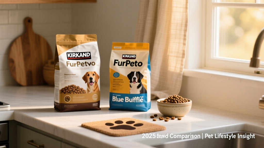 Side-by-side packaging shots of Kirkland and FurPetVo dry dog food bags on a clean kitchen counter