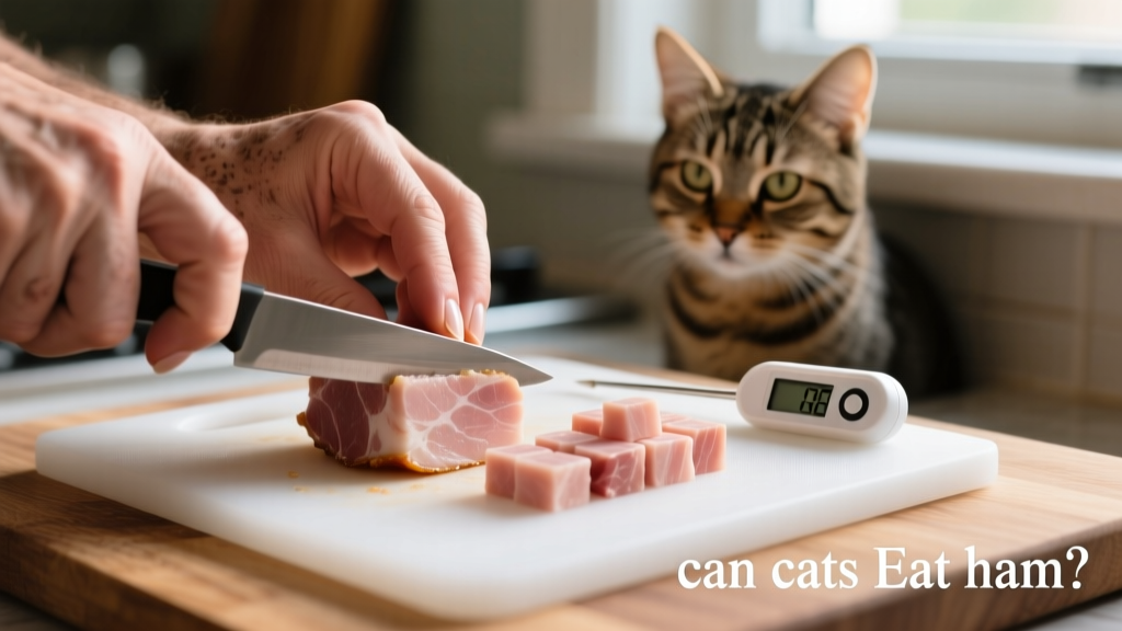 Close-up of a hand cutting a small piece of plain cooked ham into tiny, bite-sized cubes on a clean cutting board