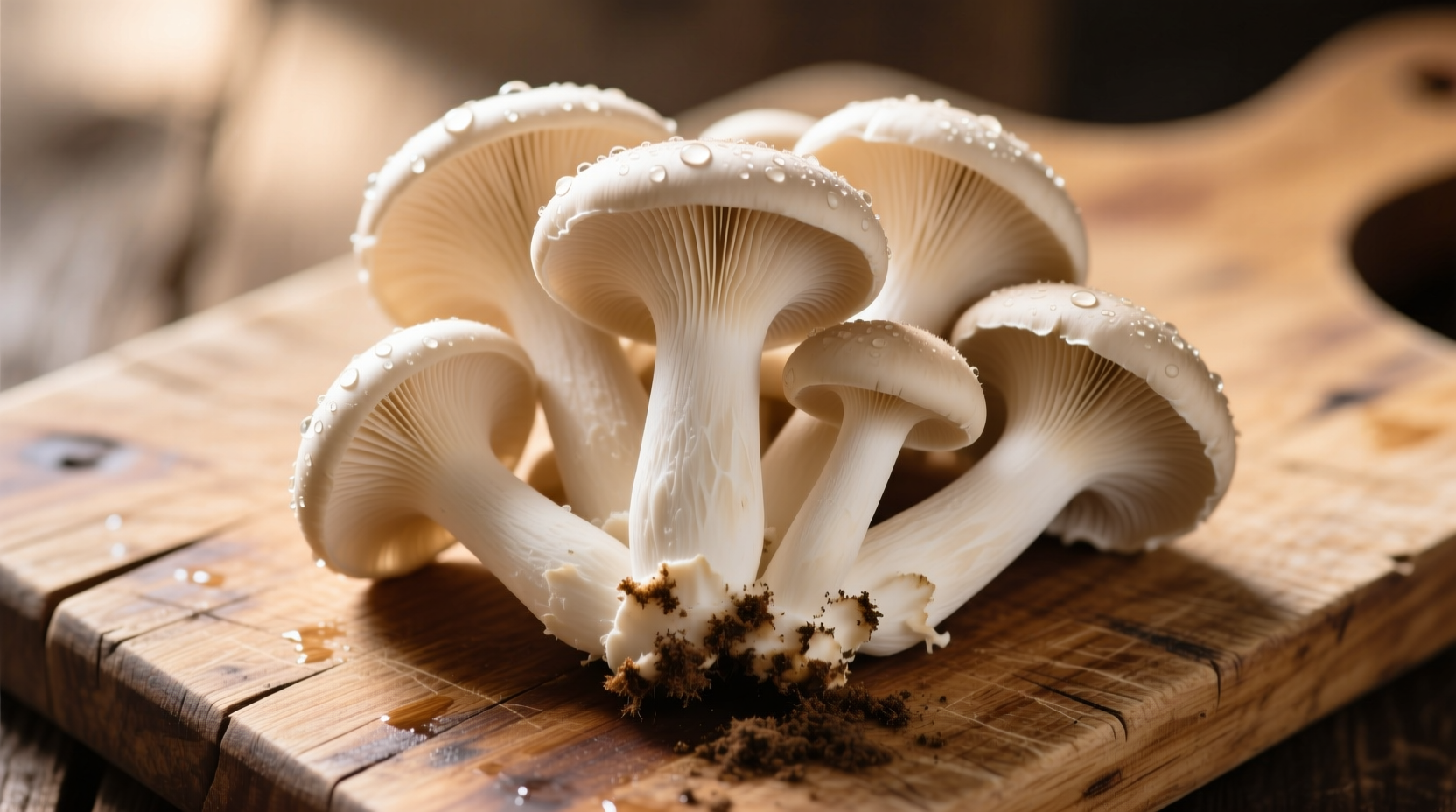 Fresh oyster mushrooms on wooden cutting board
