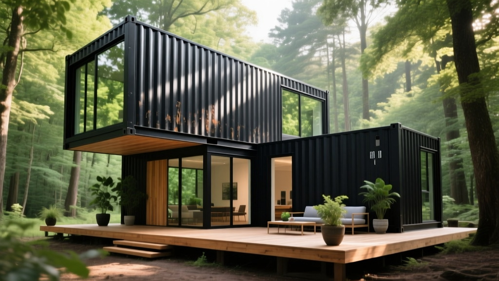 Modern two-story shipping container home with black corrugated steel, large windows, and a wooden deck in a forest setting.