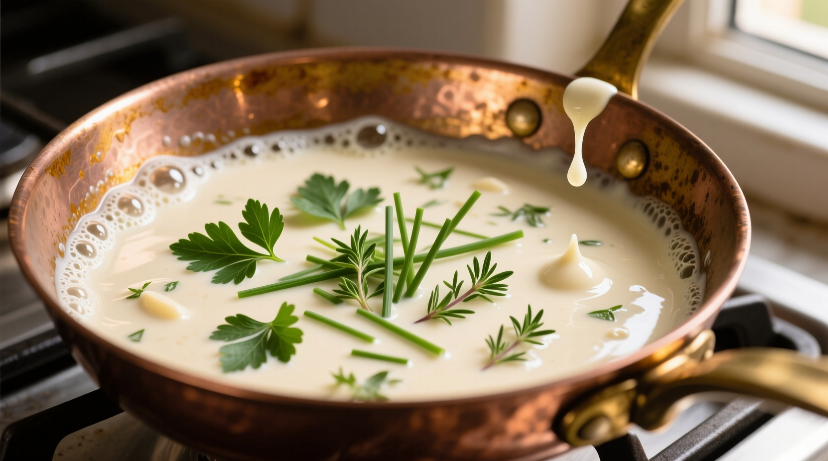 Creamy garlic white sauce in copper pan with fresh herbs