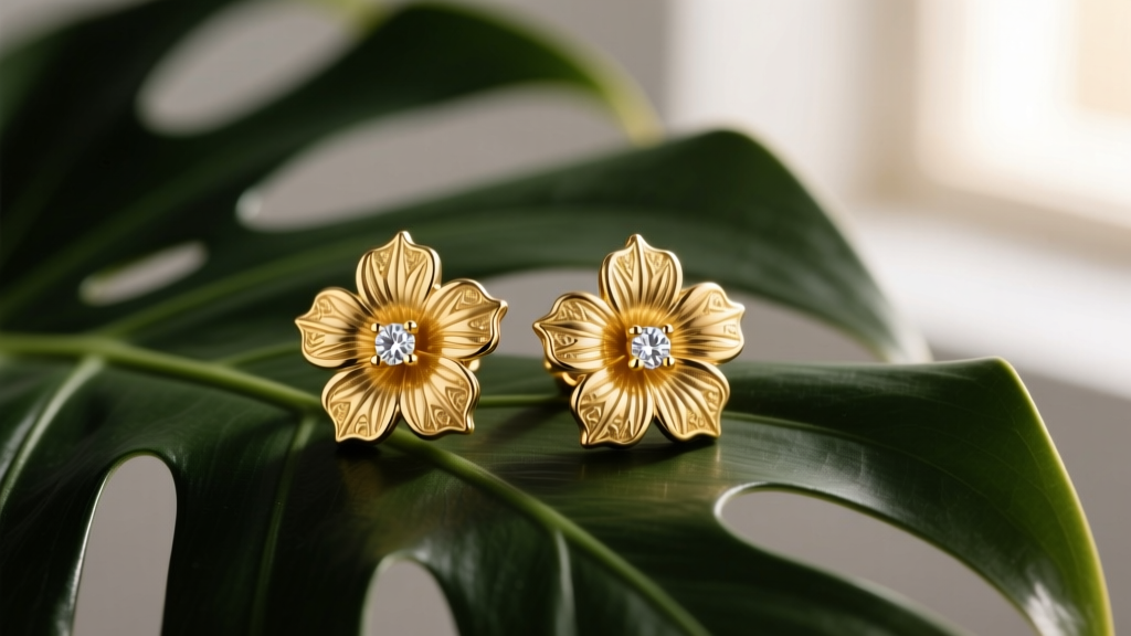 Close-up of 14k gold hibiscus stud earrings with textured petals and diamond center on dark green leaves in soft window light