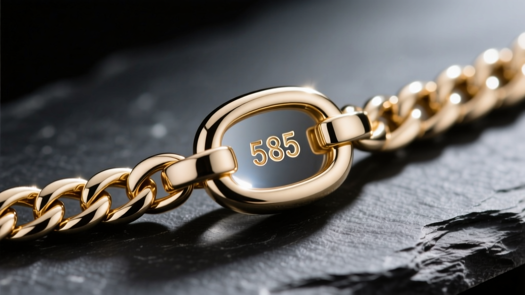 Jewelry loupe magnifying a 585 stamp on a 14k white gold figaro chain clasp on a dark slate surface with dramatic side lighting.