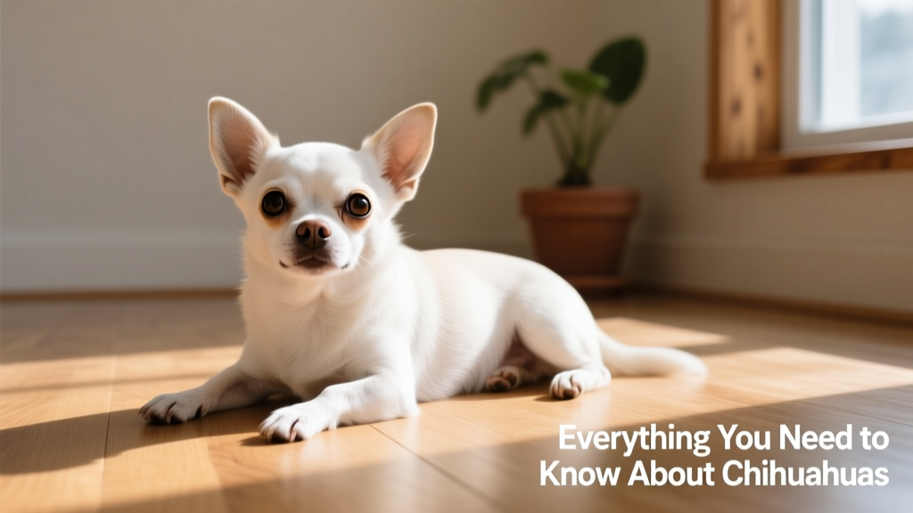 A white Chihuahua with wide-open eyes, lying comfortably on a clean wooden floor