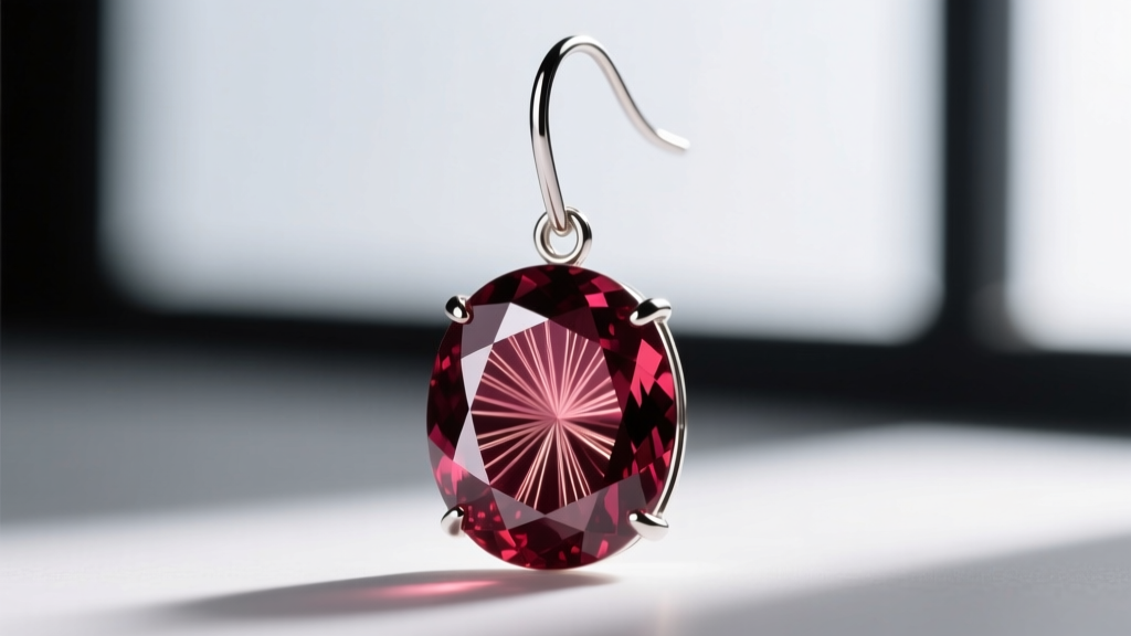 Close-up macro shot of a natural Burmese ruby showing fine rutile silk inclusions, set in a platinum leverback dangle earring.