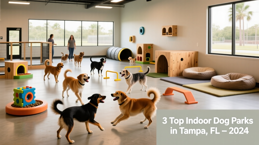 A diverse group of dogs playing indoors with visible enrichment stations, agility equipment, and calm corner seating