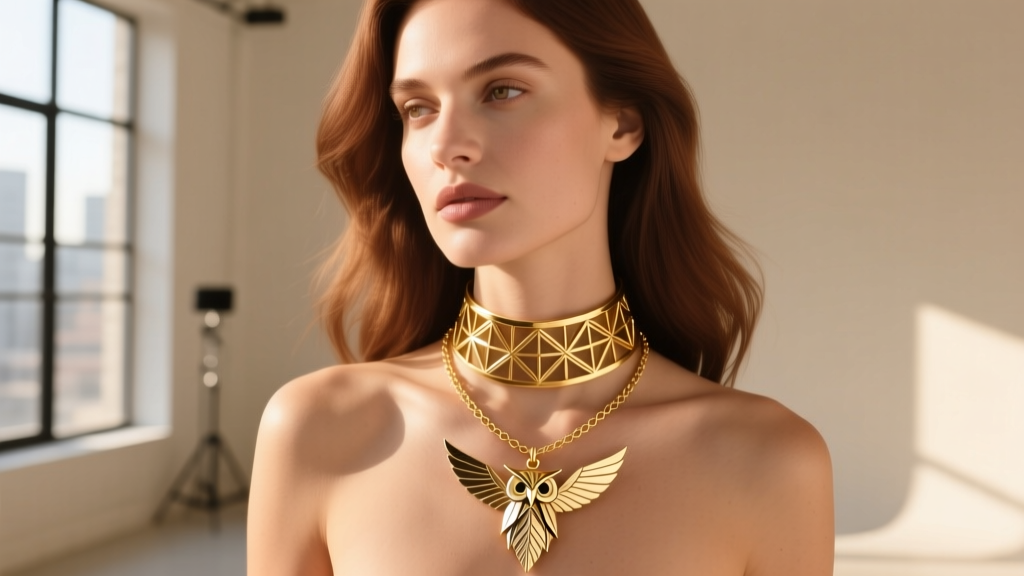 Woman wearing a layered stack with a 16-inch gold choker, a 24-inch Origami Owl locket, and a 30-inch delicate gold lariat.