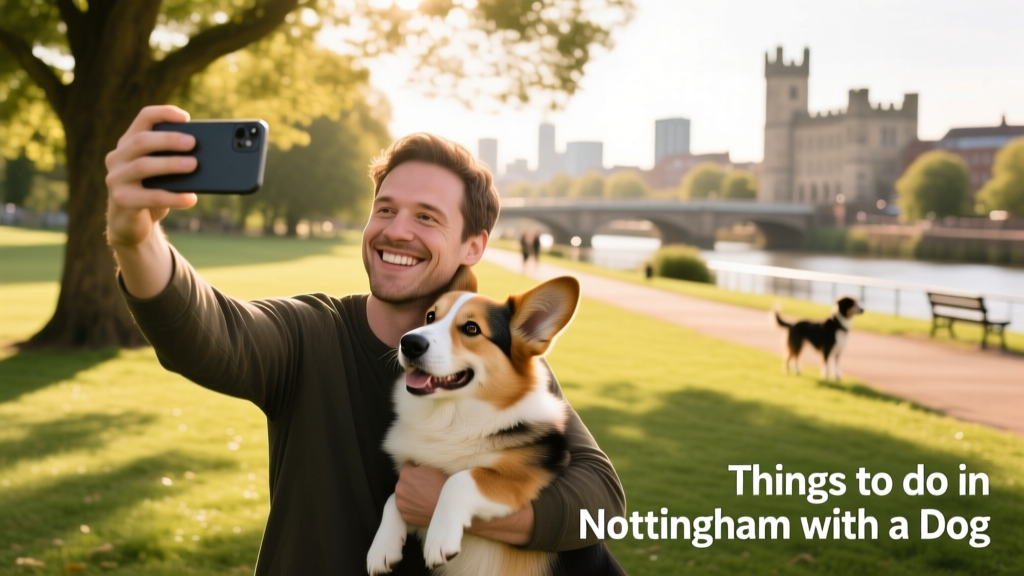 A pet parent holding their dog and taking a selfie in a dog-friendly park in Nottingham.
