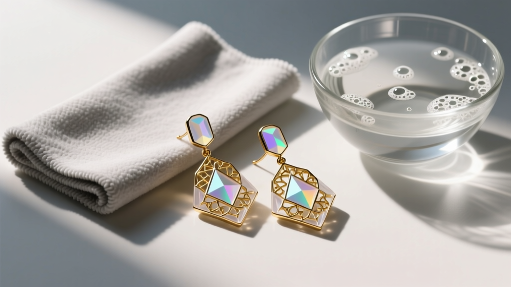 Flat lay of a microfiber polishing cloth, mild soapy water, and a pair of ornate resin and gold-tone designer drop earrings.
