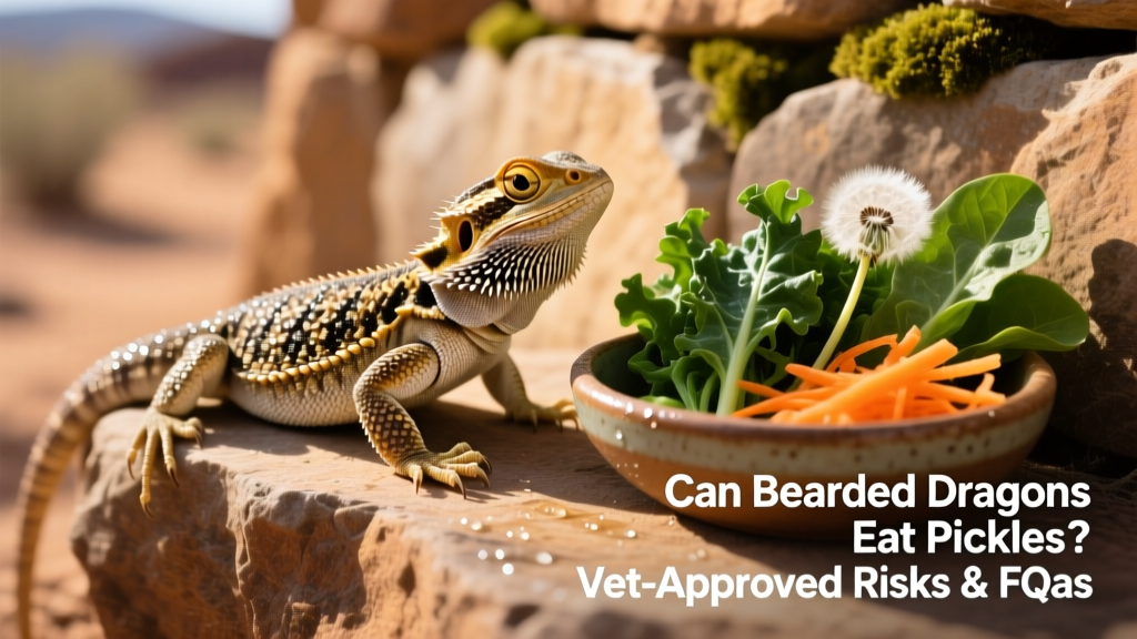 Healthy adult bearded dragon basking on a natural rock ledge beside fresh greens