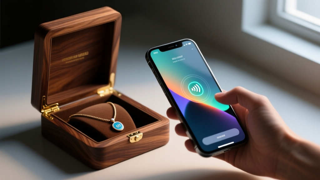 Smartphone scanning an embedded NFC chip inside a walnut wood luxury necklace gift box lid, screen glowing in dim ambient light