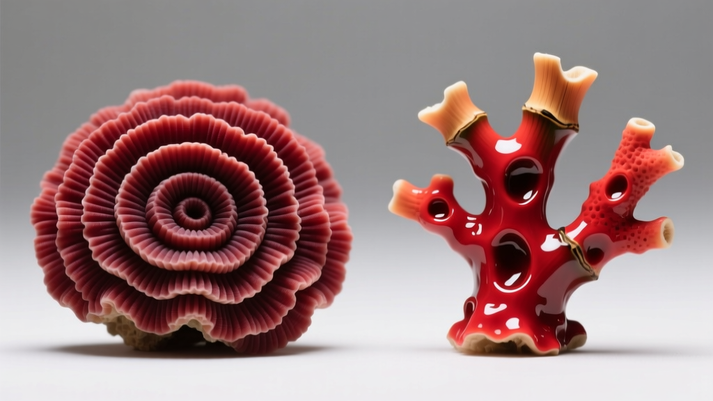 Macro photo comparing genuine red coral showing growth rings next to dyed bamboo coral with dye pooled in surface pits.