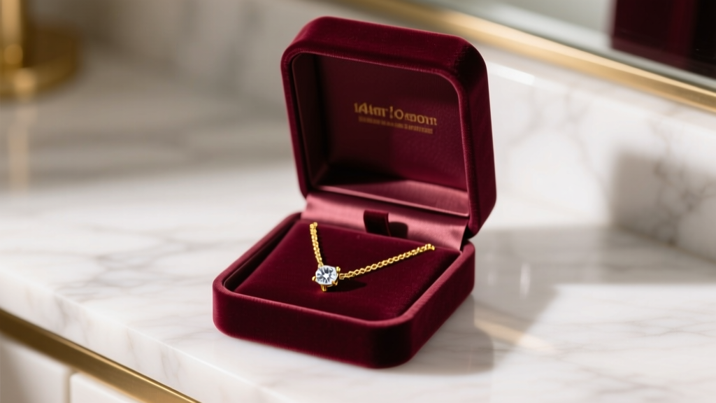 Open velvet gift box on marble vanity revealing a delicate 14k yellow gold 16 inch womens necklace with diamond solitaire