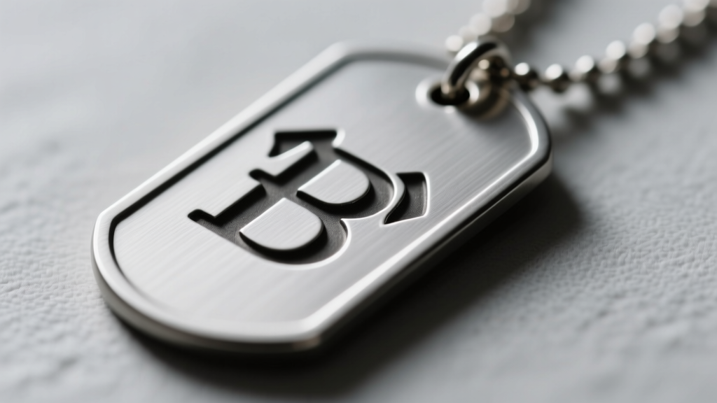 Macro view of laser-engraved letters on a matte titanium necklace dog tag, highlighting the crisp contrast and clean edge details.