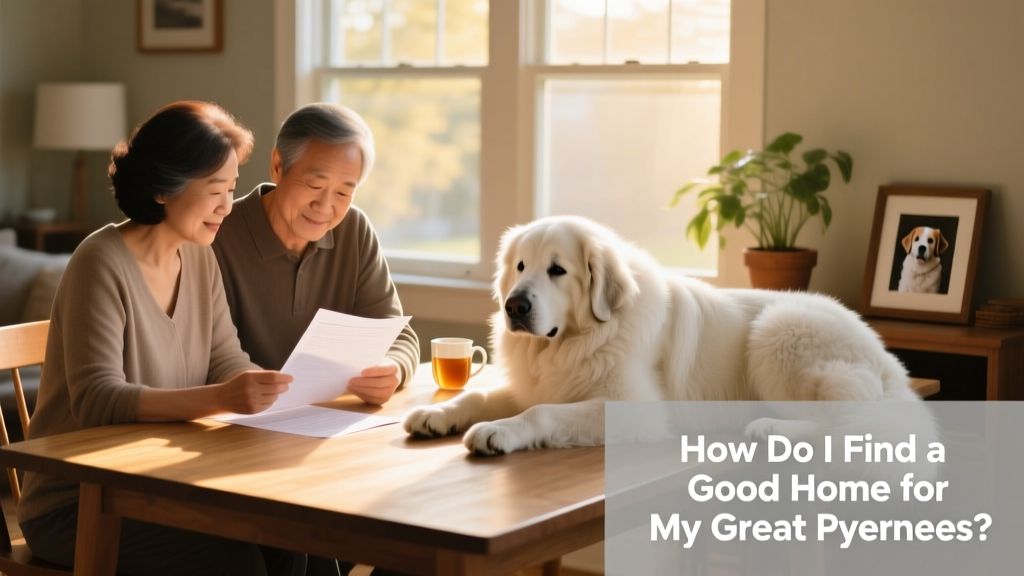 Two people reviewing adoption paperwork with a calm Great Pyrenees sitting nearby
