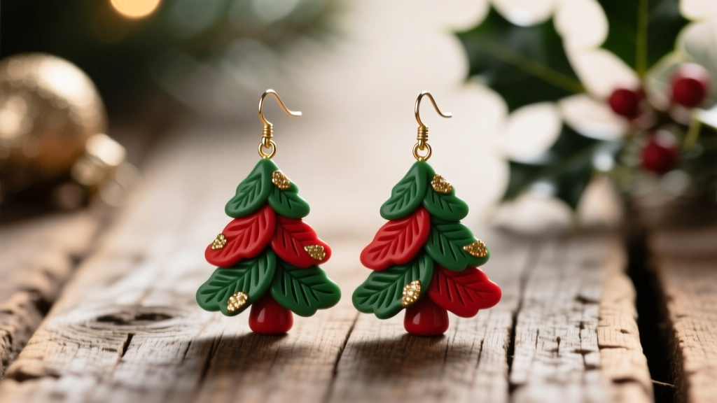 Close-up of festive red and green polymer clay Christmas tree earrings resting on a rustic wooden surface with soft holiday lighting