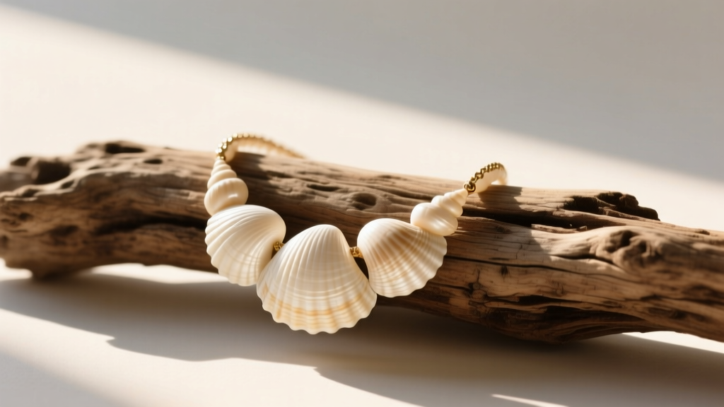 Natural cream-colored pooka shell necklace resting on weathered driftwood, illuminated by soft warm morning sunlight