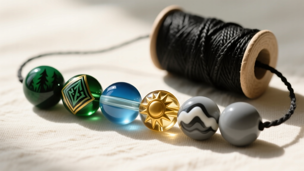 Flat lay of Camp Half-Blood style beads made from polymer clay, glass, and resin, arranged next to a spool of black hemp cord.