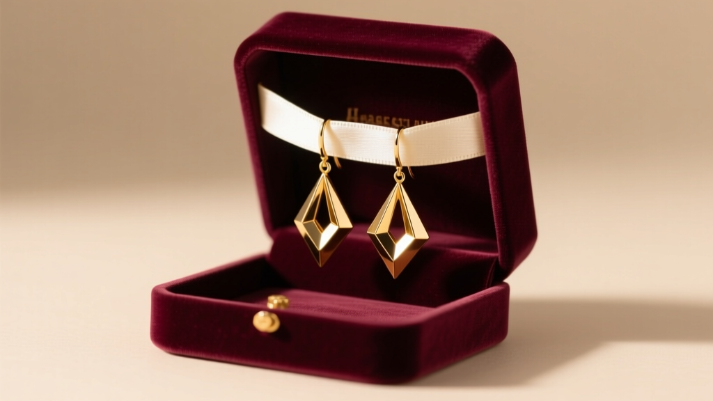 Open velvet gift box revealing gold vermeil geometric drop earrings on a silk ribbon, illuminated by soft warm studio lighting.