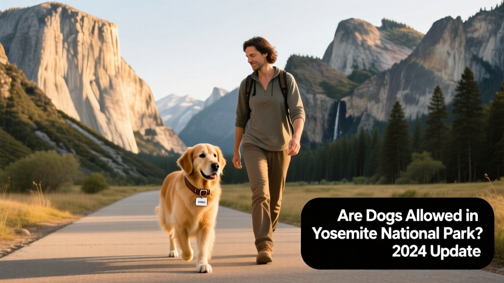A dog walking calmly beside its owner on a wide, paved trail with Yosemite’s granite cliffs visible in the background