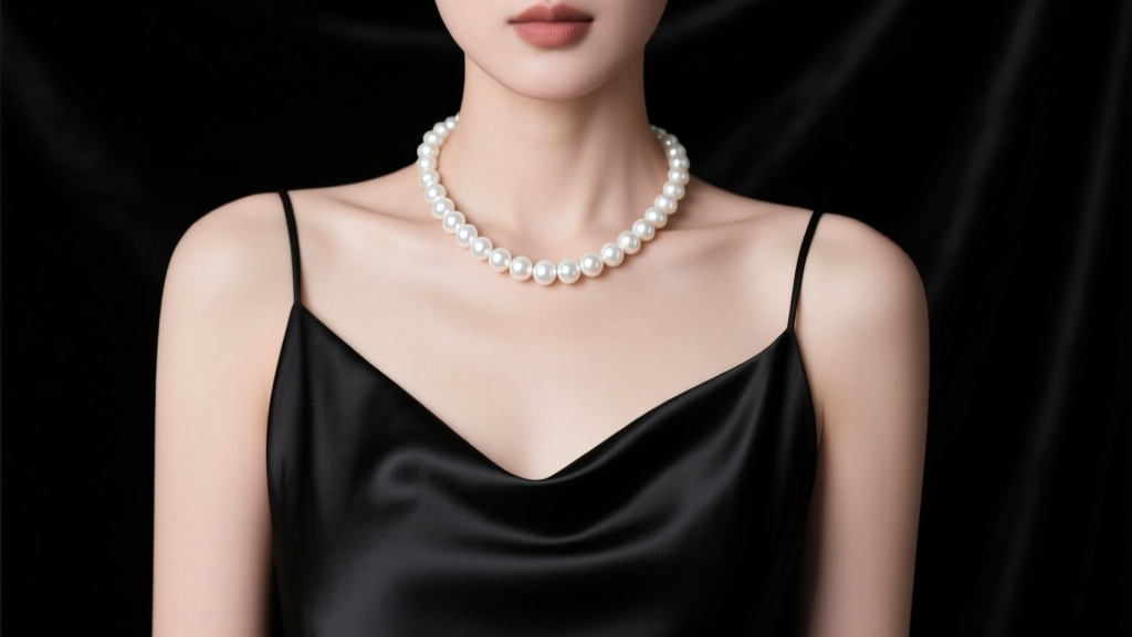 Woman wearing an 18-inch 7mm white Akoya pearl necklace against a sleek black silk slip dress under soft, elegant studio lighting.